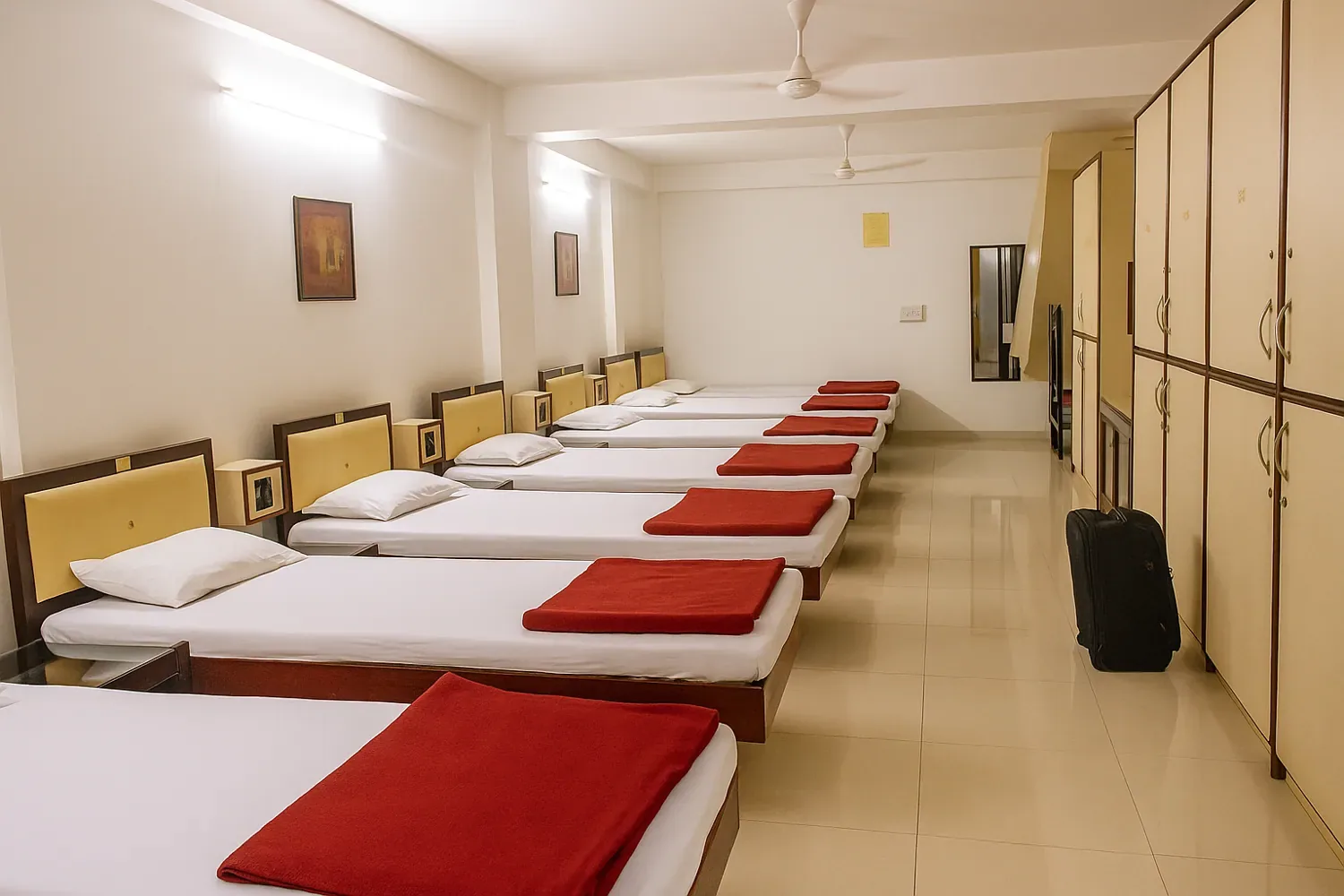 Dormitory hall with single beds, white linen and red blankets at the Bhuj dharamshala