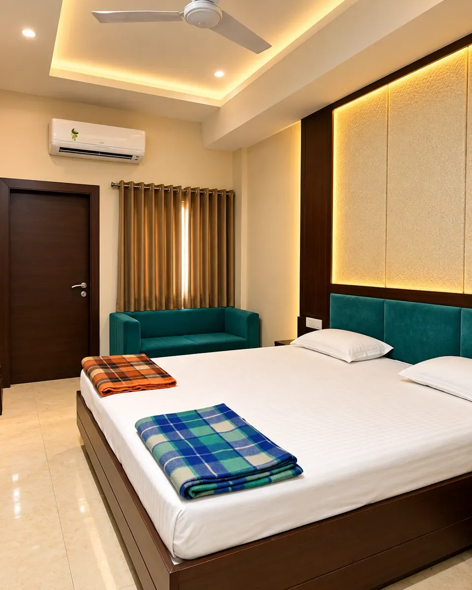 Super Deluxe AC room with teal sofa in the Bhuj dharamshala